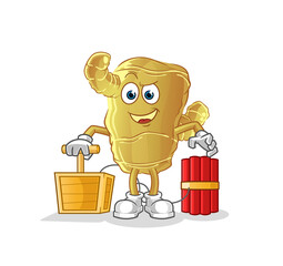 Ginger holding dynamite detonator. cartoon mascot vector