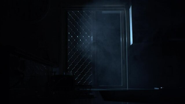 A young man with medium length hair and a bushy beard enters a dark and foggy kitchen when he is disturbed by a character appearing outside a large window to his right that leaks light into the room