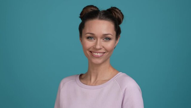 Funky cool lady millennial laughing isolated blue bright color background