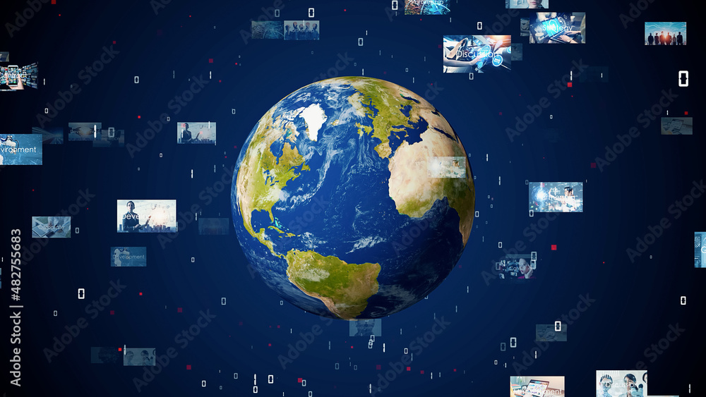 Aufkleber Visual contents concept. Social networking service. Global communication network. Elements of this image furnished by NASA. 3D rendering.