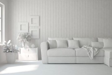 Mock up of stylish room in white color with sofa. Scandinavian interior design. 3D illustration