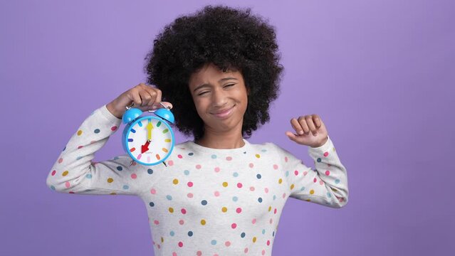 Child wake up clock ring stretch hands isolated bright color background