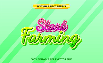 Start Farming 3d text effect with bright and colorful theme. typography template for a go green event or fresh product