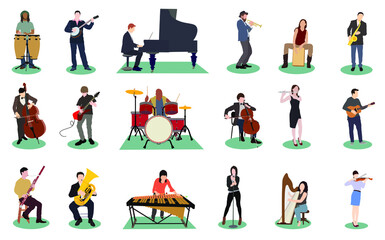set of musicians playing different instruments vector illustration - obrazy, fototapety, plakaty