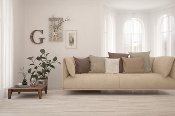 White living room with sofa. Scandinavian interior design. 3D illustration