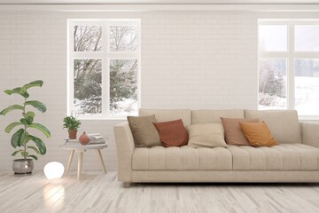 White living room with sofa and winter landscape in window. Scandinavian interior design. 3D illustration