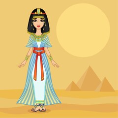 Animation Egyptian princess in ancient clothes and gold jewelry. Queen, goddess, princess. Full growth. Vector illustration. Background - desert landscape, pyramids.