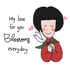 Cute girl with tulip, My love for you blossoms everyday cartoon vector illustration