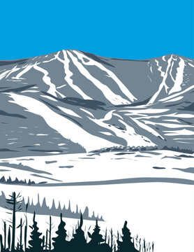 WPA poster art of Killington Mountain ski area in Rutland County, Vermont, United States USA done in works project administration style or federal art project style.