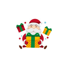 Vector vintage Christmas badge with cartoon Santa Claus holding a present. Retro illustration.