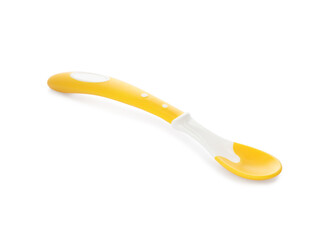 Plastic spoon isolated on white. Serving baby food
