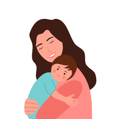 Happy mom holding her baby child in flat design on white background.