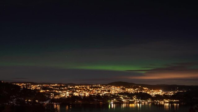 Northern Lights over Kragerø  town in Southern Norway. Timelapse video