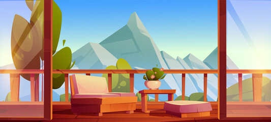 House terrace, wooden balcony with table, couch and view to mountains. Vector cartoon illustration with home veranda with roof, fence and glass walls and landscape with rocks and green trees - obrazy, fototapety, plakaty