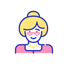 Elderly lady avatar. Grandmother wearing glasses with a head bun. Pixel perfect, editable stroke fun color icon