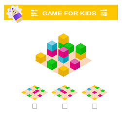 Obraz premium Logical puzzle game. Attention tasks for children. Need to find correct top view of set of cubes. IQ training test