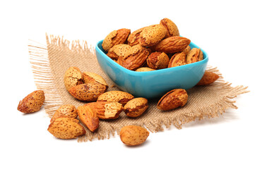  almonds nuts on white background.