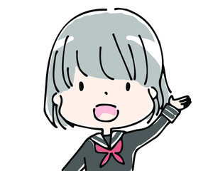 笑顔で手をあげるセーラー服の女子学生