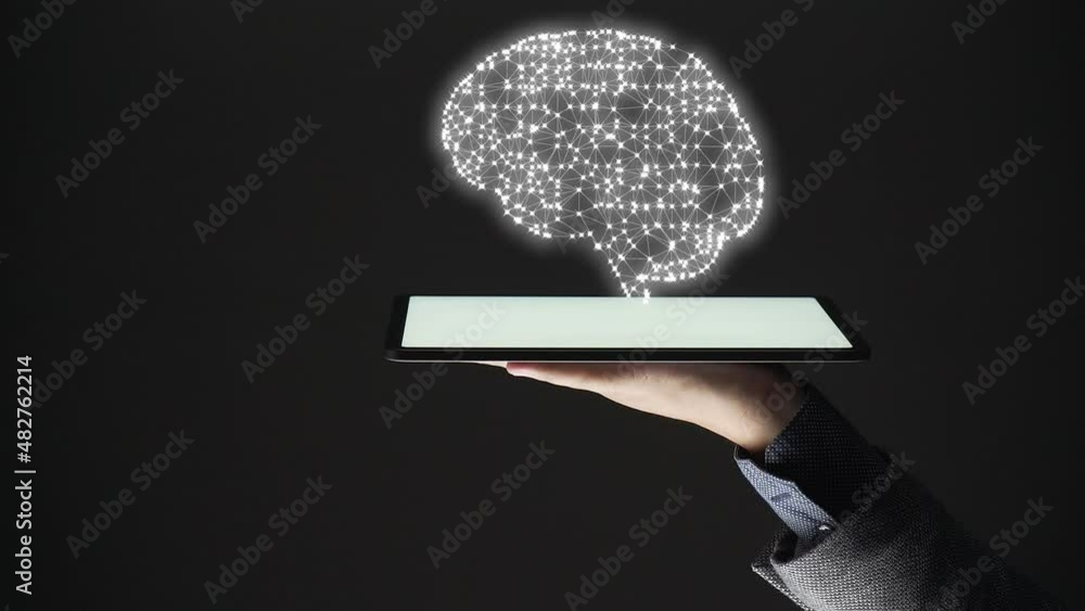 Poster concept of intelligence. business person show a virtual brain on a tablet. artificial intelligence. 