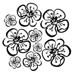 Marker black white flower with leaves hand drawn line stroke strawberries