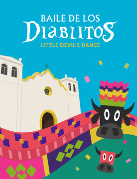 VECTORS. Editable banner for the Baile de los diablitos, Little devil's dance, a traditional festivity in Honduras and Central america, San Sebastian Church, Comayagua, bulls, holiday, boruca