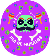 Illustration of a celebration of dia de muertos with skull and bones