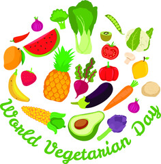 Very interesting illustration of various fruits and vegetables in celebration of world vegetarian