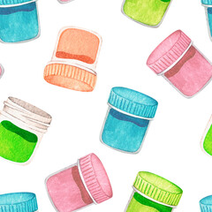 Paints and a brush. Seamless pattern. Watercolor illustration. Isolated on a white background. For design