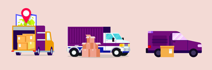 Delivery sets with truck. Colorful delivery trucks of different size set isolated. Vector colorful illustration.