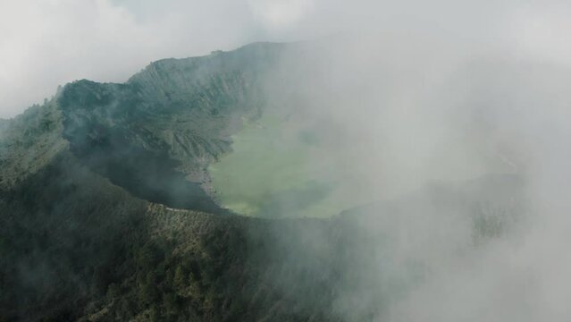 El Chichonal Volcano On A Misty Day In Chiapas, Mexico - aerial drone shot