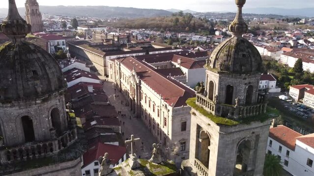 San Francisco Church and Medicine college aerial footage in Santiago de Compostela.