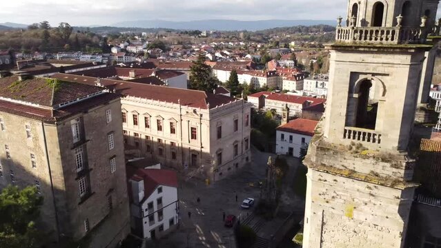 San Francisco Church and Medicine college aerial footage in Santiago de Compostela.