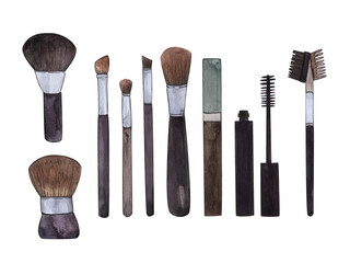 A set of cosmetic brushes, mascara, eyebrow comb, lipstick, blush.Watercolor drawing, makeup kit
