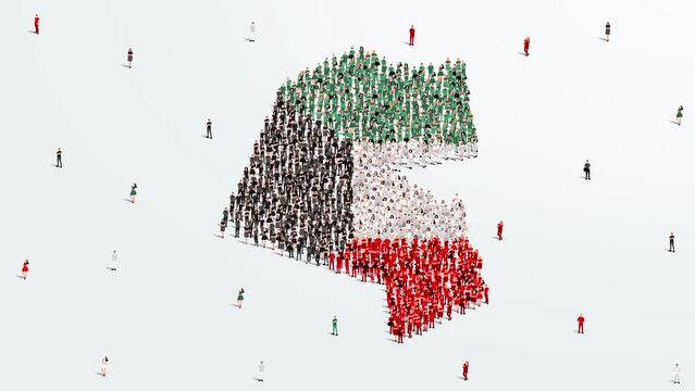 Kuwait Map and Flag. A large group of people in the Kuwait flag color form to create the map. 4K Animation Video.