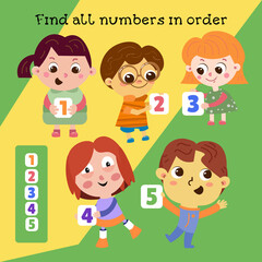 Find all numbers in order. Set of children with cards. Character in cartoon style for design. Vector illustrations, full color.