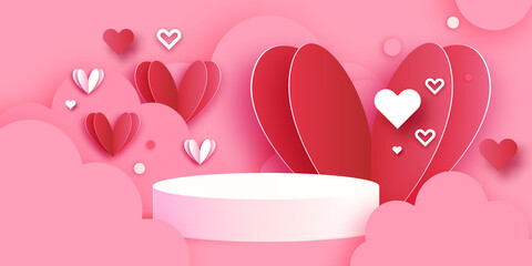 Happy Valentine's day 3D Podium scene or pedestal on pink background with heart paper cut craft shapes. Studio for display product mockup design. Waves and clouds. Super romantic holidays.