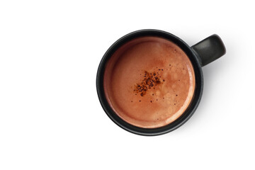 Cocoa drink in black mug isolated on white background. Clipping path