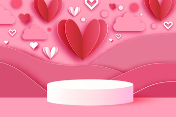 Happy Valentine's day 3D Podium scene or pedestal on pink background with heart paper cut craft shapes. Studio for display product mockup design. Waves and clouds. Super romantic holidays.