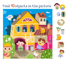 Cute kids play hide and seek. Find 10 objects. Game for children. Cartoon character vector illustration.
