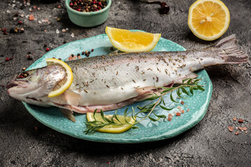 Close up Fresh Fish Meat is ready for baking, Tasty fishes preparing for lunch. Healthy eating concept. top view