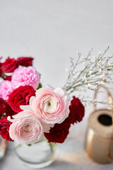 Finished flower arrangement in a vase for home. Flowers bunch, set for interior. Fresh cut flowers for decoration home. European floral shop. Delivery fresh cut flower.