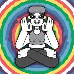 A young woman in a trance. The cartoon character meditates and stays in goodness. Funny illustration with a black and white woman on a spectrum background. Vector.