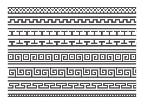 Greek style seamless frames. Geometric border set. Vector ornament pattern. Mediterranean decor elements.