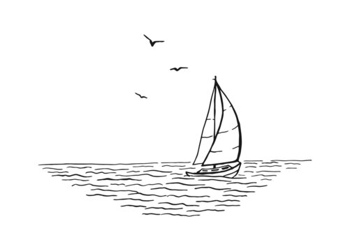 Seascape. Landscape, sea, sailboat, seagulls. Hand drawn illustration converted to vector.
