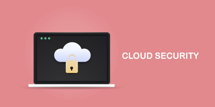 Cloud network security on laptop screen. Cloud computing, secure server cloud with padlock, data protection. 3d illustration - abstract technology banner with pastel pink background.