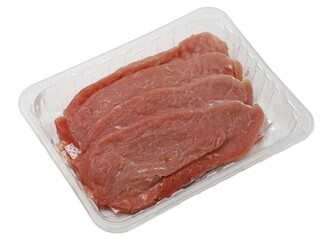 Fresh pork schnitzel, cutlet of pork in plastic bowl isolated on a white background, top view