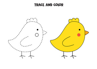 Trace and color cute Easter chicken. Worksheet for children.