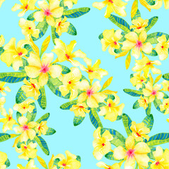 Plumeria flowers seamless tropical pattern. Watercolor floral print of yellow flowers on a blue background