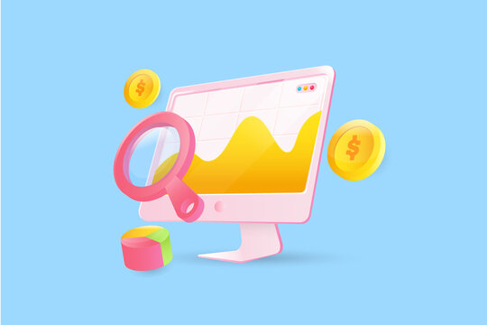 Search advertising, seo analytics data with magnifying glass, money display on computer screen, 3d illustration abstract technology marketing concept.