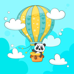 Cute cartoon panda on air balloon.